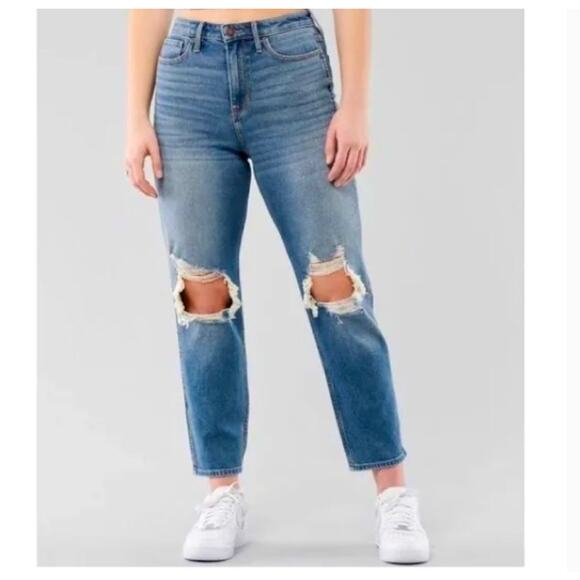 Hollister Ultra High Rise Mom Jeans 28 6 Medium Dark Wash Women's Distressed - Picture 1 of 5